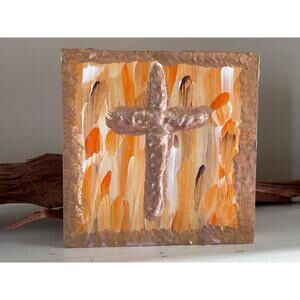 Gold Cross on Wood Painting Hand Painted Puffy Wall Art 5x5 Block Fall Style